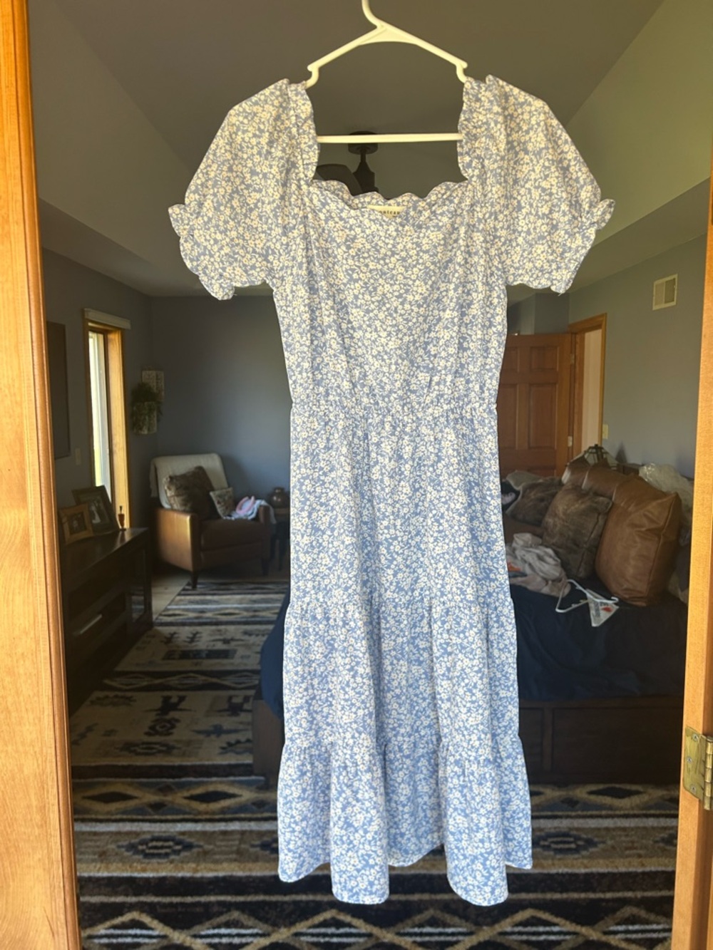 Monteau Light Blue Floral Puff-Sleeve Midi Dress